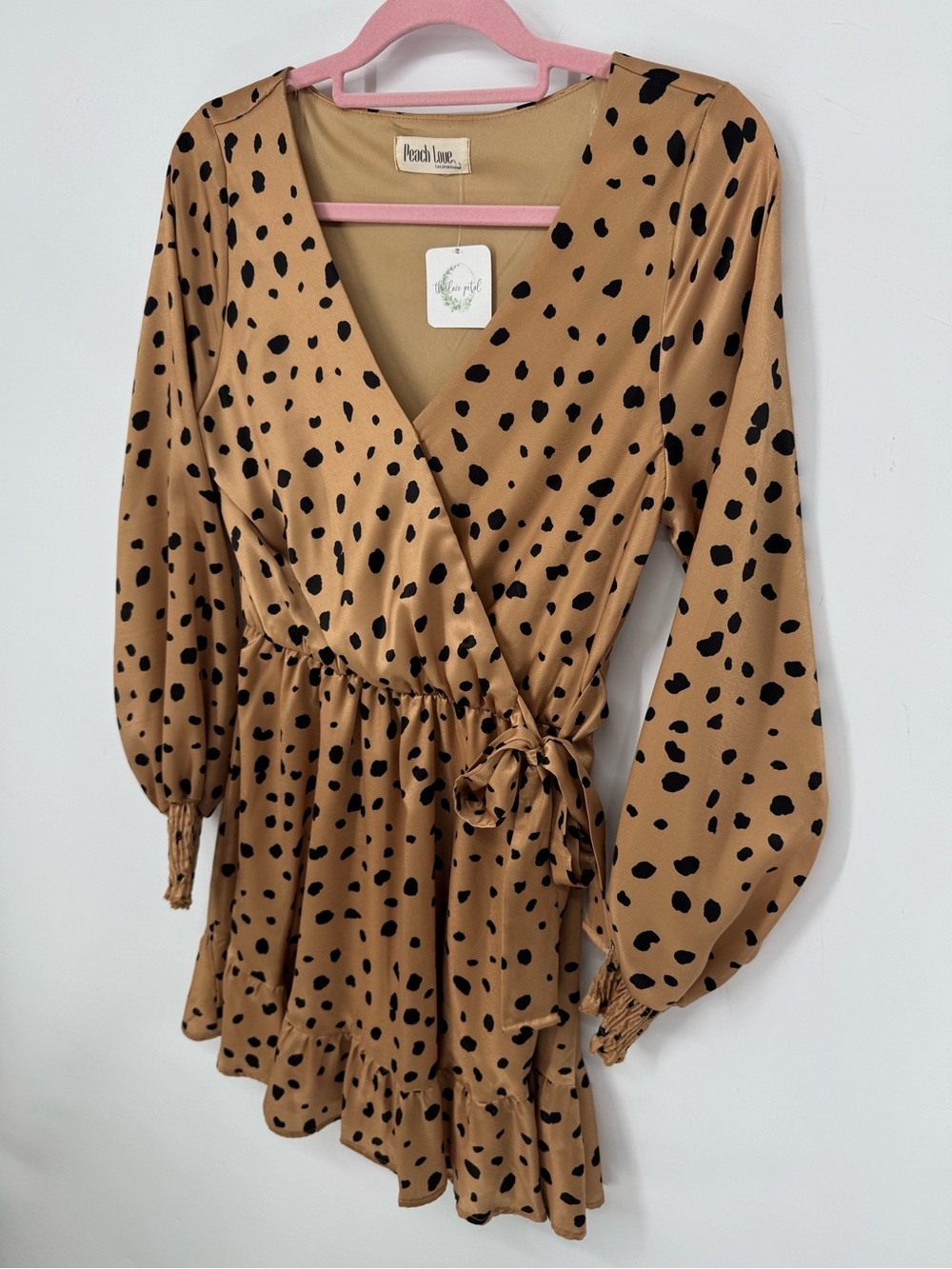 Peach Love Boho Boutique Camel + Black Animal Print Tie Waist Dress Small NWT - Picture 2 of 11